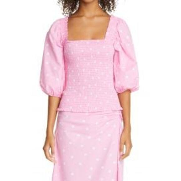 Ganni Polka Dot Print Balloon Sleeve Smocked Blouse - Picture 9 of 9